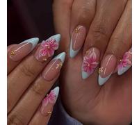 Ongles de manucure brillants à pression avec pointes françaises bleues | Illustrations florales et détails de perles dorées, faux conseils pour les fêtes et les looks photo