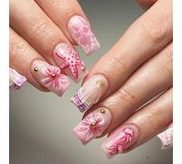 Ongles de manucure de forme carrée, ensemble de 24 pièces de beauté du bout des doigts artificiels avec art inspiré de la coquille de méduse et perles florales 3D à coller sur les ongles de du