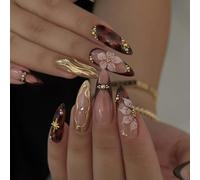 Ongles de manucure française, avec sculpture florale 3D et léopard couleur café, pour femmes, fêtes, pressions sur les ongles