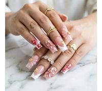 Ongles de manucure rapide avec fleur 3D et détails de pointe française, ensemble rose chair avec 24 pièces en 12 tailles pour un usage quotidien et des looks prêts à prendre en photo