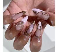 Ongles de type presse en or rose avec perles et étoiles, métallique, faux légers pour les occasions de soirée nuptiale, bords métalliques, faux rose, lavande, or