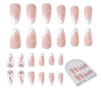 Ongles En Acrylique À Poser - 24 Pièces Pointes De Manucure En Forme D'amande Avec Colle - Ongles Français À Bord Blanc Autocollants Avec Noeud Et Perle - Pour Femmes Et Filles Mariage Salon À