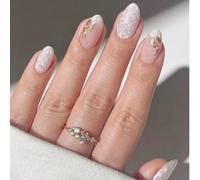 Ongles en acrylique élégants de forme amande à la française, ongles en gel avec design tourbillon nude & blanc avec décalcomanies dorées en relief, faux ongles en acrylique réutilisables convenant pou