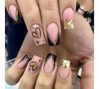 Ongles en acrylique pailletés en forme de cœur - Pour la Saint-Valentin - Ongles de poids moyen - Presse française sur les ongles