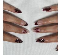 Ongles en forme d ' amande, 24 pièces, colle artificielle à pression sur les motifs de nœuds papillon, pointes françaises à coller