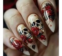 Ongles en forme de tête de mort et de Rose pour Halloween, avec motifs de toile d ' araignée, en ABS, pointe en amande, léger, confortable, à porter toute la journée, Halloween