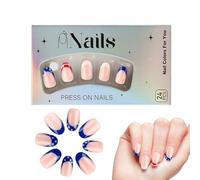 Ongles en Gel Autocollants Style Français - 24 Pièces Courtes Forme Amande Décorations Drapeau Fête Nationale,Bout Amande Couverture Intégrale Design Drapeau Naturel Soin Beauté Femmes Filles