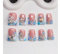 Ongles faux de style Y2K fait main pour le printemps/été, bouche de canard, couleurs nude, bleu, blanc avec French tips, motifs planète, étoile, fleur bleue, strass, cœur, 10 pièces/paquet en 3 taille