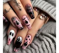 Ongles Faux Gothiques Rose Halloween 24 Pièces Sorcière Chauve-Souris Citrouille Détachables Sans Colle