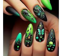 Ongles Faux Halloween Vert Fluorescent 24 Pièces Château Crâne Papillon Amande Sans Colle