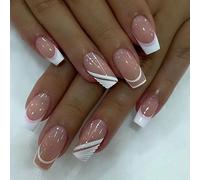 Ongles français à pression longue, 24 pièces, couverture complète, faux pointes en acrylique, cercueil pour femmes et filles, faux mariage français