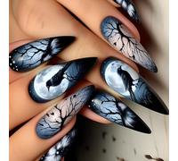 Ongles gothiques à pression longue, 24 pièces, avec branches de corbeau, motifs de lune, couverture complète en acrylique pour femmes