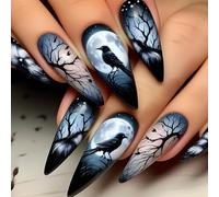 Ongles gothiques à pression longue, 24 pièces, avec branches de corbeau, motifs de lune, couverture complète en acrylique pour femmes, faciles à appliquer