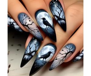 Ongles gothiques à pression longue, 24 pièces, avec branches de corbeau, motifs de lune, couverture complète en acrylique pour femmes, faciles à appliquer