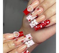 Ongles longs carrés pour la Saint-Valentin avec cœur et nœuds Couverture complète à presser pour femme élégante