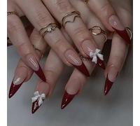 Ongles longs pour la Saint-Valentin, avec de nœuds, pointes françaises, manucure artificielle en acrylique, 24 pièces