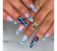 Ongles Manucure Press-on Profil Amande Bleu Blanc Floral Mix Finition Brillante PrêtàPorter Trajet Party Look 30 Pièces