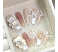 Ongles,Pointes,Set d'ongles Ongles faits à la main à pression, ours 3D, aurore, diamant, perle, décor de luxe, Long cercueil, couverture complète portable, pointes d'ongles(1365,XS)