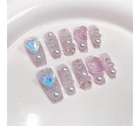 Ongles,Pointes,Set d'ongles Ongles faits à la main à pression, ours 3D, aurore, diamant, perle, décor de luxe, Long cercueil, couverture complète portable, pointes d'ongles(JGXX,S)