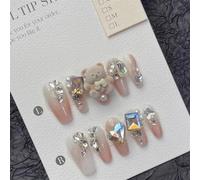 Ongles,Pointes,Set d'ongles Ongles faits à la main à pression, ours 3D, aurore, diamant, perle, décor de luxe, Long cercueil, couverture complète portable, pointes d'ongles(ZRXX,XS)