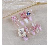 Ongles,Pointes,Set d'ongles Ongles faits à la main à pression, ours 3D, aurore, diamant, perle, décor de luxe, Long cercueil, couverture complète portable, pointes d'ongles(1444,M)