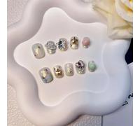 Ongles,Pointes,Set d'ongles Vêtements faits à la main for ongles, personnalité, Flash, doux, frais, court, sort, perceuse, perles en acier, Nail Art, conception de Style fini(12 Size XS)
