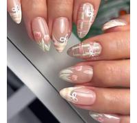 Ongles Press-On 24 Pièces Style Français Tissage, Noeud Papillon Et Tulipe, Amovibles, Look Européen