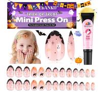 Ongles press-on d'Halloween pour enfants, EBANKU, lot de 26 faux ongles en forme d'amande, couverture complète, citrouilles orange et fantômes mignons, ongles en acrylique avec colle à ongles pour