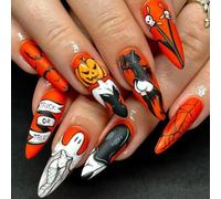 Ongles Press-On Halloween Citrouille et Fantôme, Taille Moyenne, Amovibles, Style Européen, Avec Gelée Adhésive et Lime