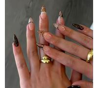Ongles press-on longs en forme d'amande bruns en acrylique avec design français et motifs 3D de fleurs, artificiels, lot de 24 pièces