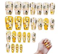 Ongles Press On, Ongles Artificiels Longueur Moyenne, Accessoires pour Art Manucure, 24 Ongles Artificiels Abeilles et Fleurs pour Femmes et Filles