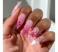Ongles Prêts à Poser Dégradés Rose avec Fleurs 3D, Pois et Perles Dorées, 24PCS Réutilisables en ABS, Style Doux Minimaliste, Tendance INS