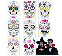 ONGNIUU Tatouage Halloween pour Visage, 8 Feuilles Adesivi Howaf Crâne mort Floral Squelette Noir Tatouages éphémères,con Effetto Fluorescente, Adatto a Tutte le Età, pour Mascarade Fête de Carnaval
