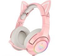 ONIKUMA K9 Casque de Jeu Rose avec Ajustement du Volume du Micro pour Xbox One, PS4, PC, Casque Amovible pour Oreille de Chat