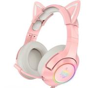 ONIKUMA K9 Casque de Jeu Rose avec Ajustement du Volume du Micro pour Xbox One, PS4, PC, Casque Amovible pour Oreille de Chat Rose