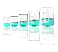 Onilab verre tasse à mesurer 50ml 100ml 250ml 500ml 1000ml (Pack de 5) 3.3 BORO Griffin Low form avec impression Graduate Science verrerie pour laboratoire, salle de classe ou à la maison