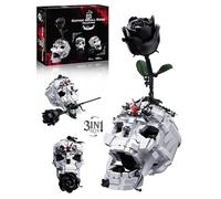 ONIMISC Ensemble de construction de fleurs artificielles 3 en 1 avec tête de mort et roses noires, décoration de maison ou de bureau, cadeau de Noël et de Saint-Valentin pour adultes, femmes