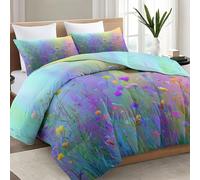 Onirique Couette Réversible 140 x 200 cm Prairie Fleurs Sauvages Gradient Onirique Couettes 4 Saisons, Bleu Violet Couette Matelassée sans Housse pour Ete Hiver 2 Personnes vec 2 Taies d'oreiller