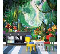 Onirique Vert Forêt Champignons Fleurs Papier Peint 3D Installation Facile Intissé Tapisserie Bureau Salon Canapé Chambre Décoration Murale-300cm×210cm