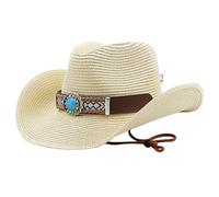 OnIUeZky Cowboy Straw Hat Men Femmes Paille Cowgirl Sun Sun Hat Vintage Style Nationality Roll Up Summer Beach Hat for Summer Beige.