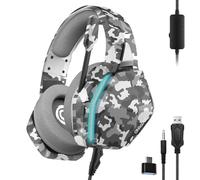Oniverse Casque Gaming PS5 PS4 SWITCH 2 XBOX PC MAC avec Micro réglable, LED, Haut-parleurs 50mm, Coussinets tissu respirant - Casque gamer stéréo filaire Nebula (Urban Camo/Gris)