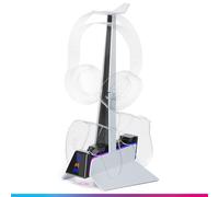 Oniverse Chargeur Manette PS5 - Station de Charge Rapide 2H, Support Manette et Accessoire PS5, Double Chargeur Compatible avec DualSense, Support Amovible Recharge Casque Inclus - Station X3 (Blanc)