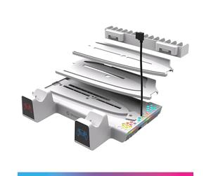 Oniverse Support PS5/PS5 Slim - Station de refroidissement ventilateur à 3 vitesses, Double chargeur manette PS5 compatible DualSense, Support recharge casque et rangement accessoire 14 Jeux - Nexus 5