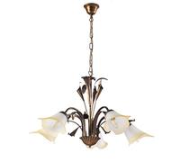 ONLI - Lustre 5 bras en métal marron avec nuances dorées. Verres blancs nuancés ambre