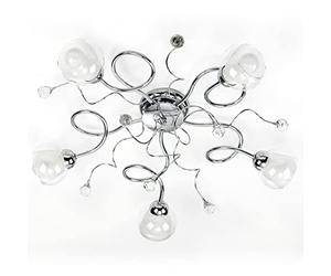onli plafonnier 5 lumières en métal chromé brillant avec boules de cristal. Vitres blancs et transparents, chrome