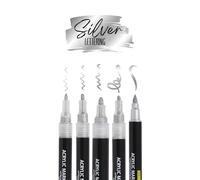 Online parure de 5 marquers acryliques argenté, stylos pour papier, boir, verre, plastique etc., feutres à peinture handlettering, 5 pointes différentes: pinceau, calligraphie, marquer fin et large