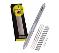 Online stylo à bille 4-en-1 argent | multicolore et multifonctionnel | 3 mines pour stylo en bleu, noir et rouge, et une mine de crayon à papier | inclus gomme à effacer