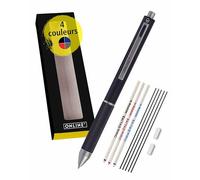 Online stylo à bille 4-en-1 noir | multicolore et multifonctionnel | 3 mines pour stylo en bleu, noir et rouge, et une mine de crayon à papier | inclus gomme à effacer