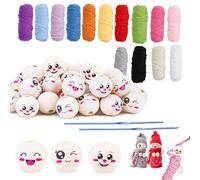 Onlvmyur Lot de 15 Perles en Bois avec Visage Boule en Bois Grosses Boules Rondes en Bois de 30 mm avec Visage avec14 Fils à Crochet colorés et 2 Crochet pour Bricolage, vers de sou, Enfilage, Attrape