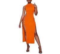 Only CB Robe Longue Fendue Femme Sexy, Robe Maxi-Longue Femme Sexy Fendue sans Manches Col Montant Robe Clubbing Moulante Creusée (Orange,S)